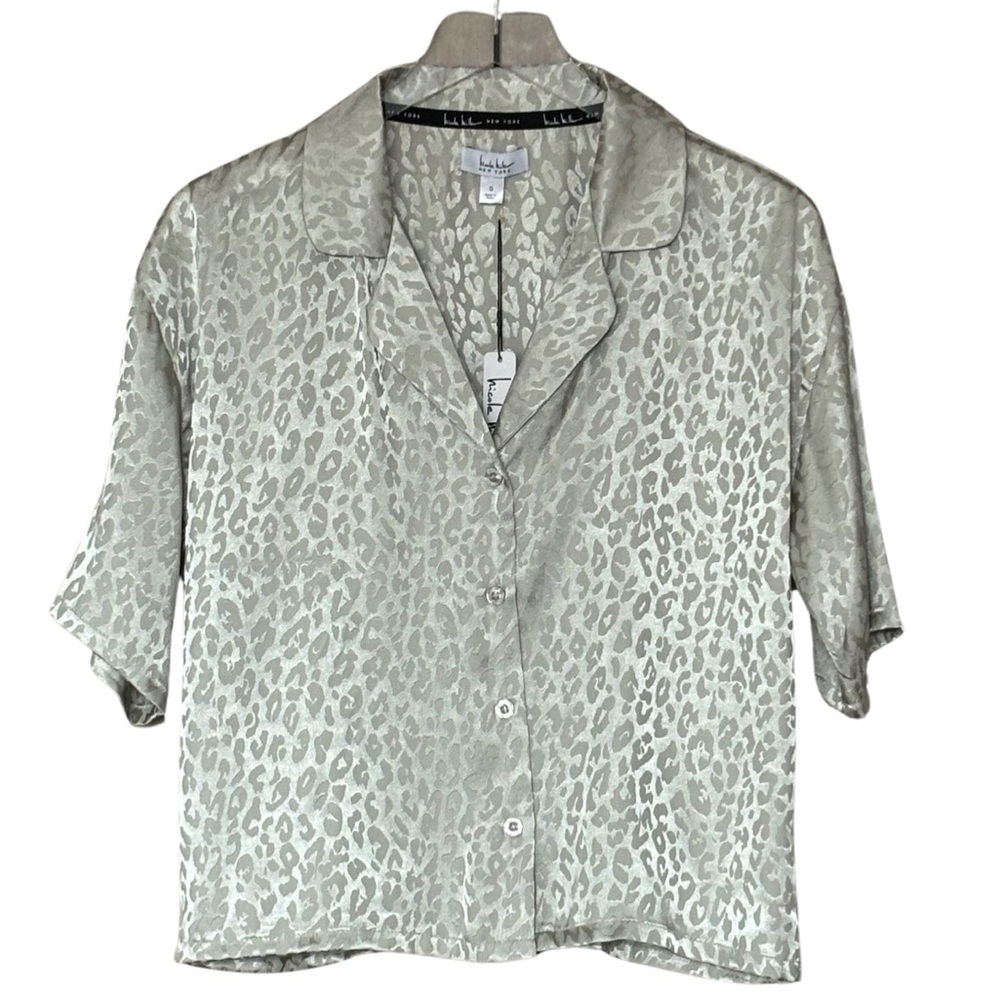 Nicole Miller Satin Button Up Blouse in Moss Gray